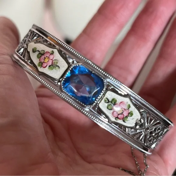 Vintage antique Victorian Art deco Silver Filagree Rose Enamel Blue Bracelet - Picture 5 of 17